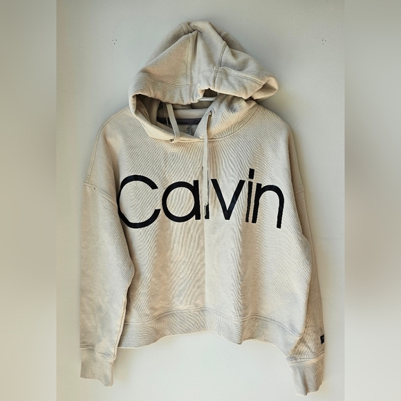 Calvin Klein Performance Hoodie Cropped Short Stone Ivory Cream Size L - Picture 1 of 12